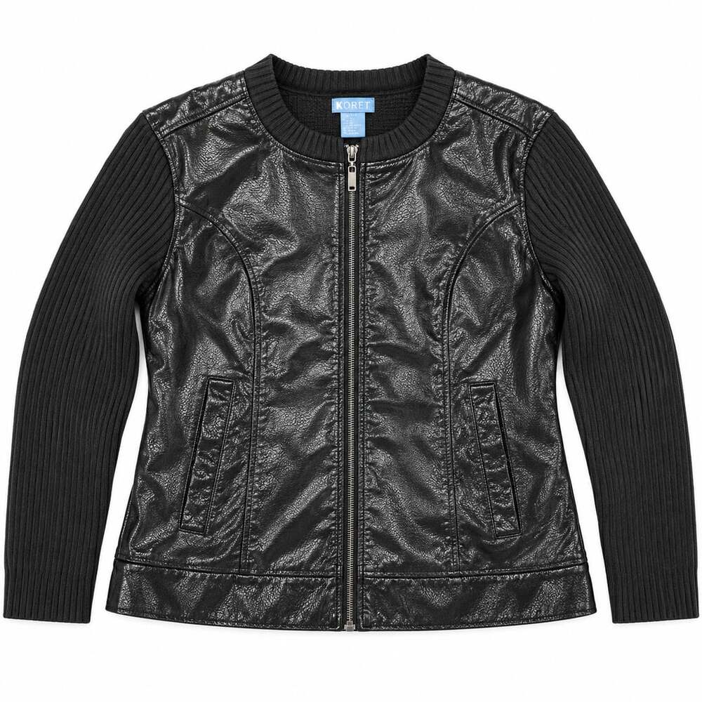 Koret Black Faux Leather Jacket with Ribbed Knit Sleeves Size XL